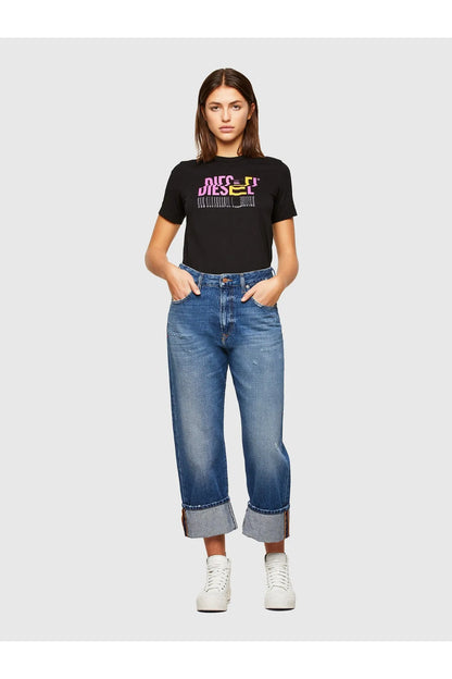 Black crewneck T-shirt with logo graphic, worn with blue jeans