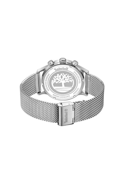 Timberland watch caseback with silver mesh metal band and clasp