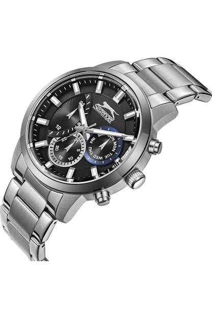 Silver metal wristwatch with black dial, angled view, chronograph subdials