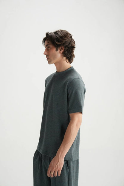 Gray short-sleeve T-shirt and matching shorts, side profile