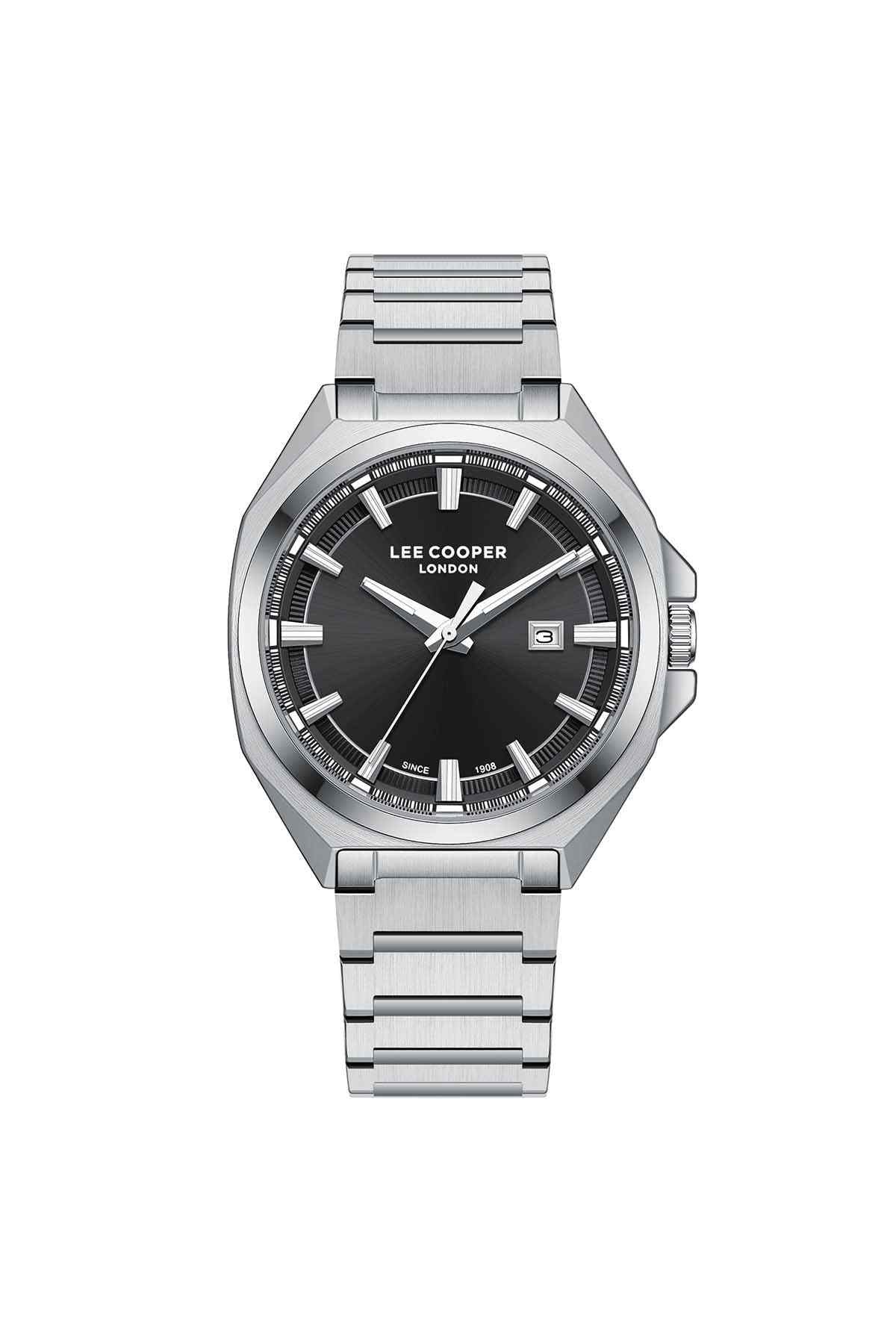 Lee Cooper men's wristwatch with black dial and silver stainless steel bracelet