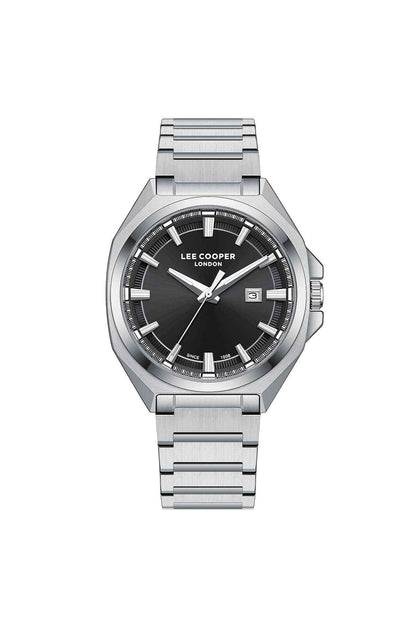 Lee Cooper men's wristwatch with black dial and silver stainless steel bracelet