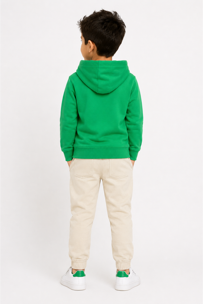 Green kids hoodie worn by model, hood and plain back, long sleeves
