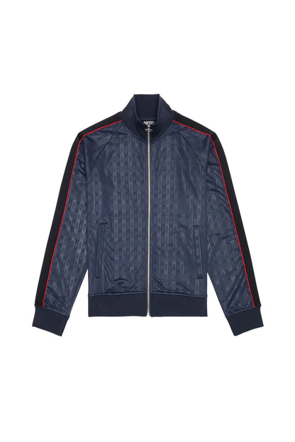 Diesel blue track jacket flat lay with full front zipper and red piping, stand collar
