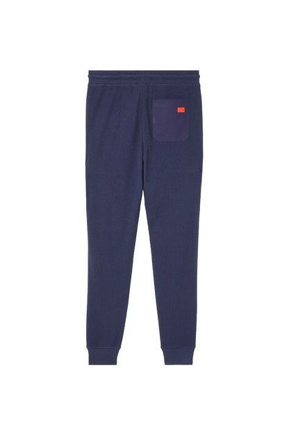 Navy joggers with elastic waist and side pocket, small red logo label