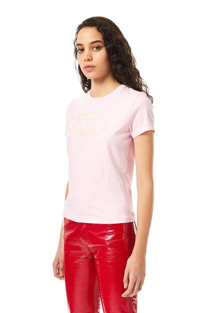 Diesel pink crewneck T-shirt with small oval logo print, side view