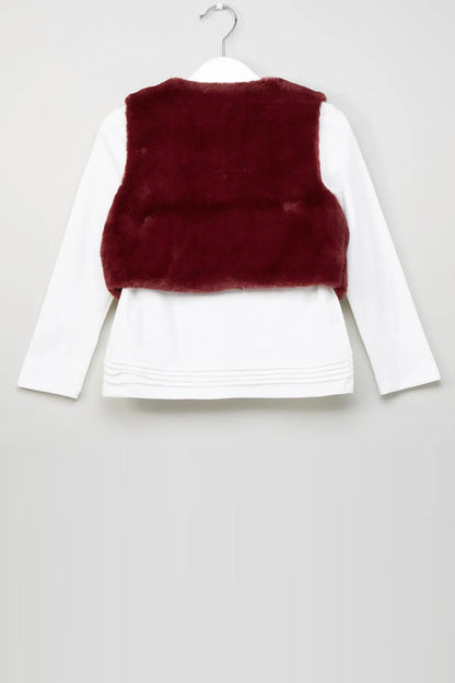 Burgundy faux fur baby vest with back panel over white long-sleeve shirt