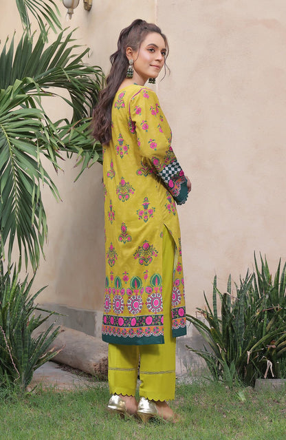Yellow tunic kurta with pink floral print and checkered cuff detail, with lime pants