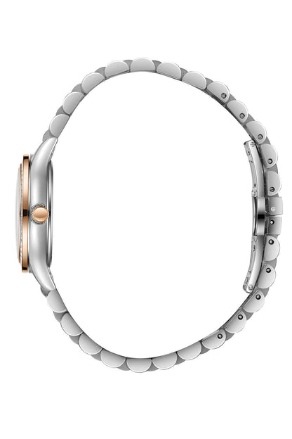 Two-tone metal watch bracelet with round case bezel, silver links and rose-gold accents.