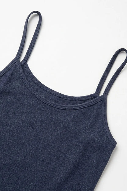 Navy spaghetti-strap camisole tank top close-up, scoop neckline