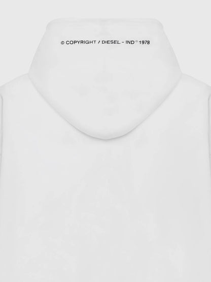 White hoodie back view with hood and small copyright graphic at neck