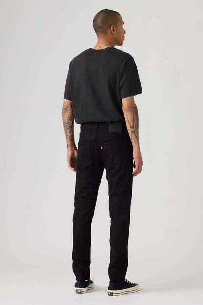 Men's black denim jeans with back pockets and straight leg