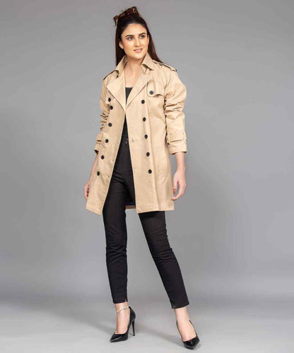 Tan trench coat front view with dark buttons and flap pockets