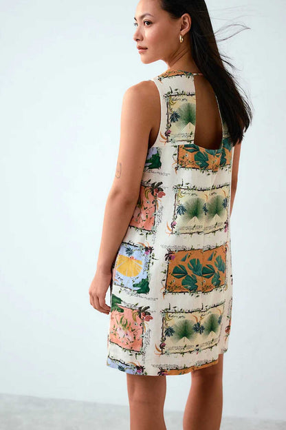 NEXT sleeveless patchwork print dress, ecru base with green and floral motifs, side view