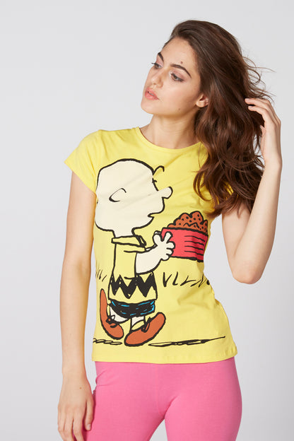 Yellow short-sleeve graphic T-shirt with cartoon print, crew neck