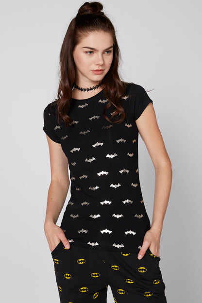 Black short-sleeve top and pants set with small bat print and yellow bat accents