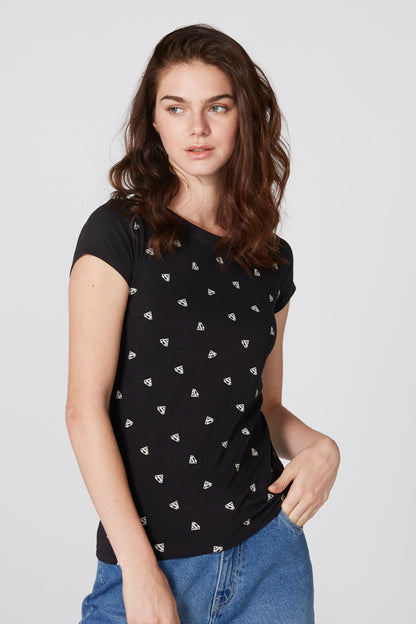 Black short-sleeve graphic T-shirt with small white icon pattern