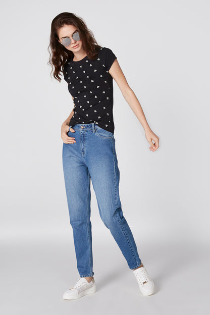 Black short-sleeve graphic T-shirt, full-body view, small white icon pattern