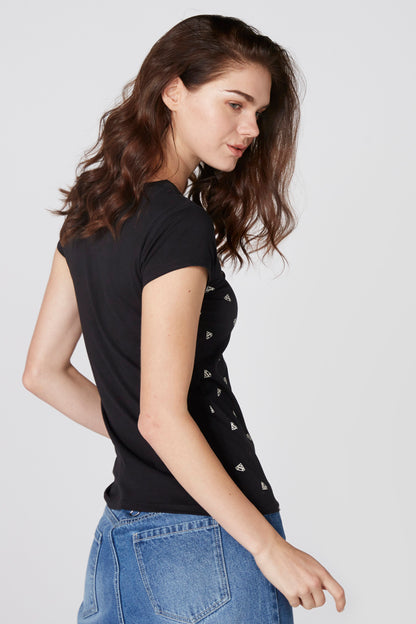Black short-sleeve graphic T-shirt, side view, small white icon pattern