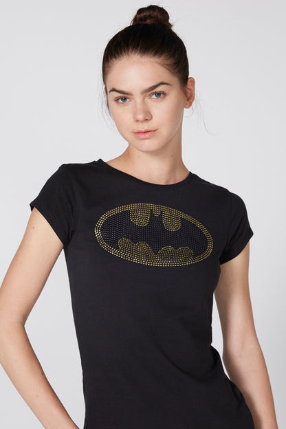 Black graphic T-shirt with gold bat emblem at chest