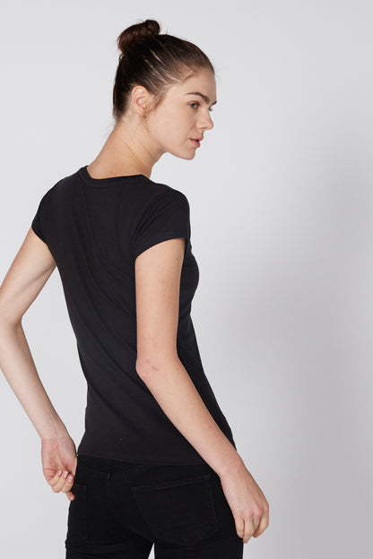 Black graphic T-shirt, plain back view
