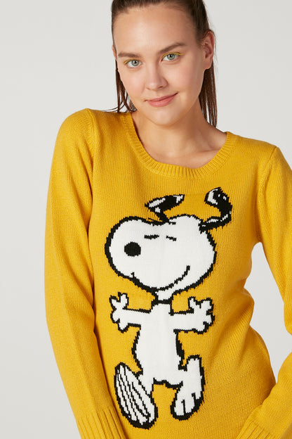 Yellow knit sweater with large cartoon dog face graphic, crew neck, long sleeves.