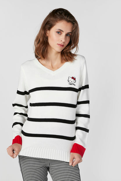 White knit V-neck sweater with black stripes and Hello Kitty chest logo