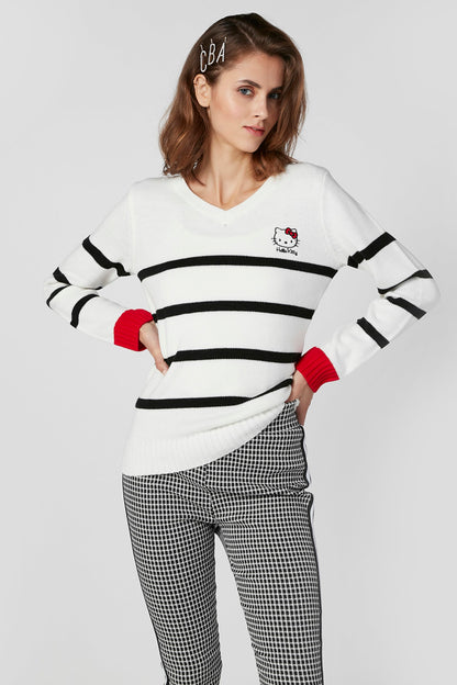White V-neck knit sweater with black stripes, red cuffs, and Hello Kitty logo