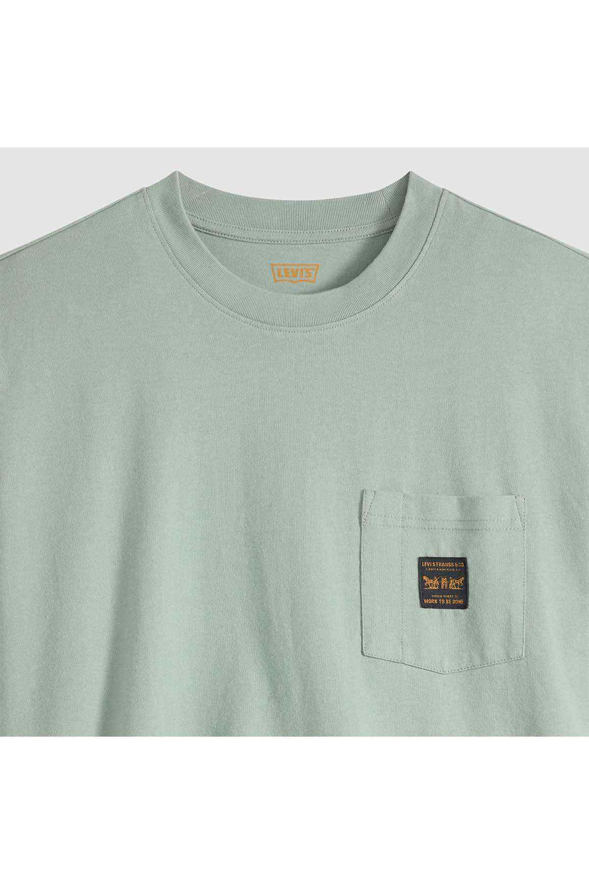 Levi's mint T-shirt close-up of crew neck and chest pocket