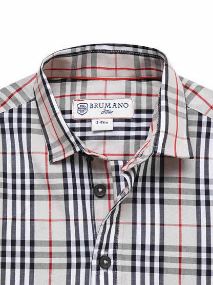 Boys' cotton plaid button-up shirt collar and chest label, red navy beige checks