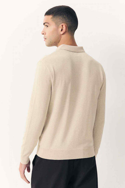 Men's light beige knit polo sweater (back view) with long sleeves and ribbed hem