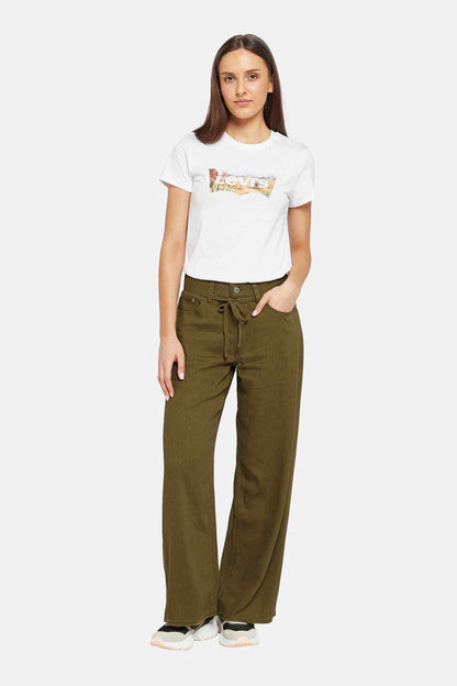 Green drawstring wide-leg pants with tie waist and relaxed fit, ankle length