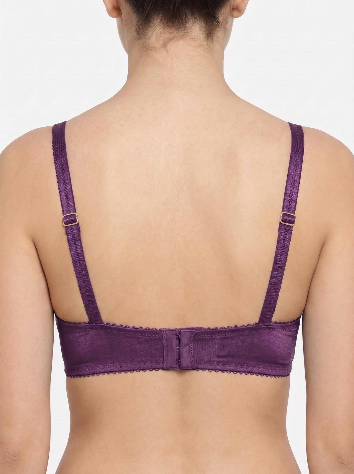 Women's purple lace-trim bra back with adjustable straps and center band