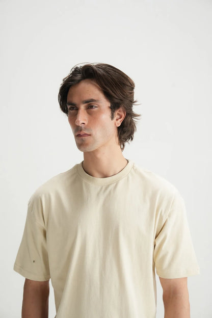 Beige crew-neck T-shirt, front view close-up