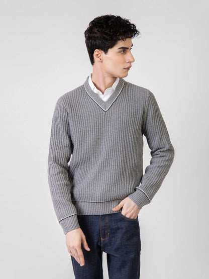 Grey ribbed V-neck cotton sweater with long sleeves