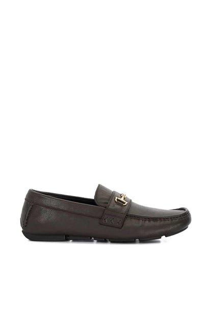 Dark brown leather loafer, side profile, gold-tone buckle on strap.