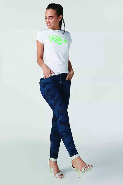 Blue camouflage denim jeans with cuffed ankle hem and belt loops, women’s mid-rise fit