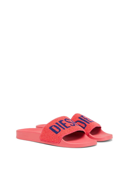 Pink slide sandals with open toe and DIESEL logo strap