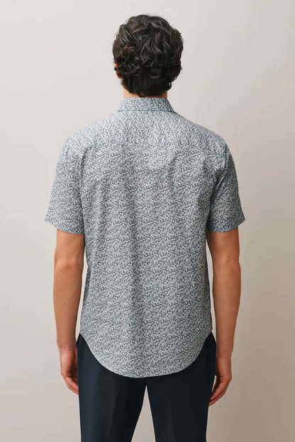 NEXT heather blue short-sleeve button-up shirt, back view