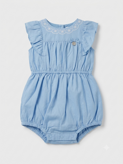 Light blue baby romper with embroidered scalloped neckline, flutter sleeves, gathered waist