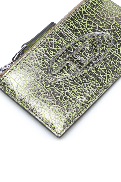 Diesel textured leather zip wallet, angled view of logo and gold-toned pattern