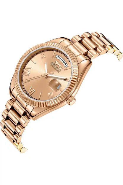 Rose gold wristwatch angled view, linked metal bracelet and day/date window