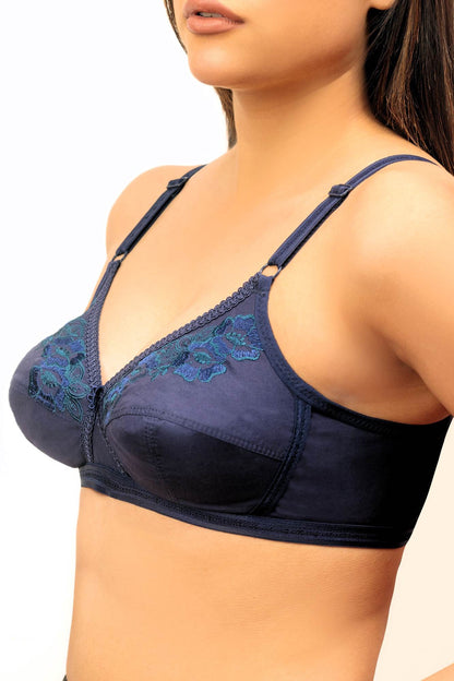 Navy blue underwire bra with lace cups and adjustable spaghetti straps