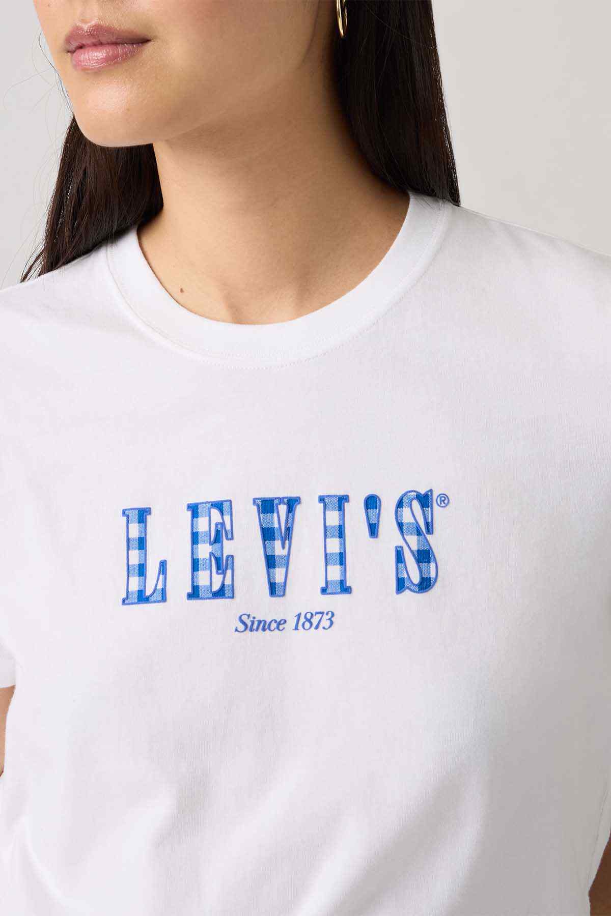 Levi's white crew-neck T-shirt with large blue logo and Since 1873 print