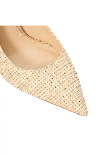 Natural woven pointed-toe stiletto heel, close-up of toe