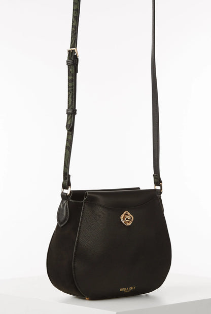 Black crossbody bag with adjustable straps and gold turn-lock logo