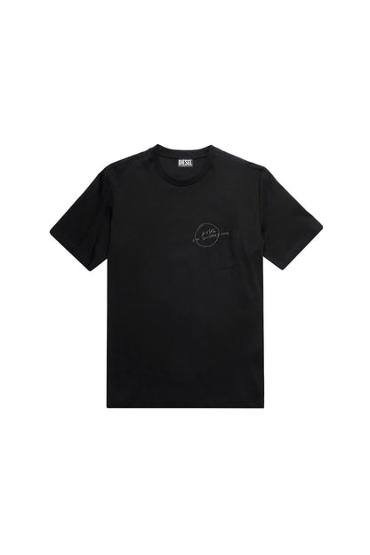 Black Diesel crew-neck T-shirt with circular chest logo, short sleeves