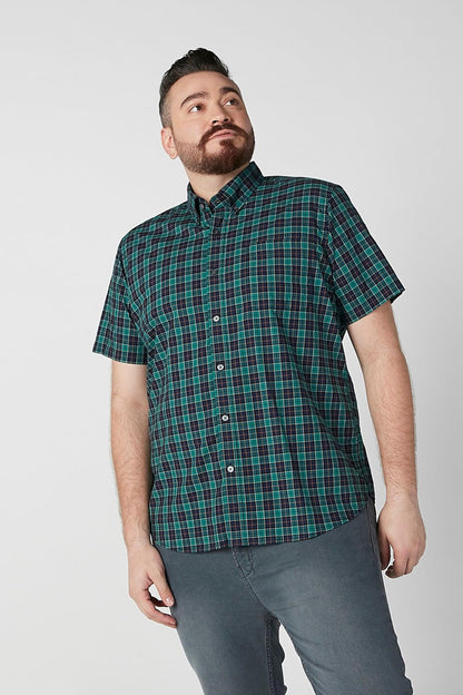 Men's short-sleeve plaid button-up shirt in teal and dark blue