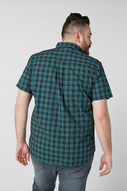 Men's short-sleeve plaid button-up shirt, back view in teal and dark blue