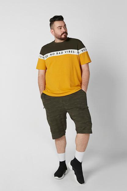 Men's colorblock T-shirt, olive and mustard yellow, crew neck with logo band